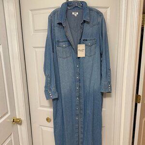 New Long Wrangler Retro Maxi Dress Duster Blue Jean Denim Western Jacket Sz XL